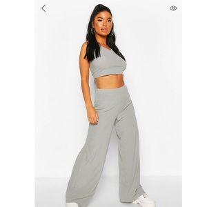 BooHoo gray ribbed wide leg loungewear